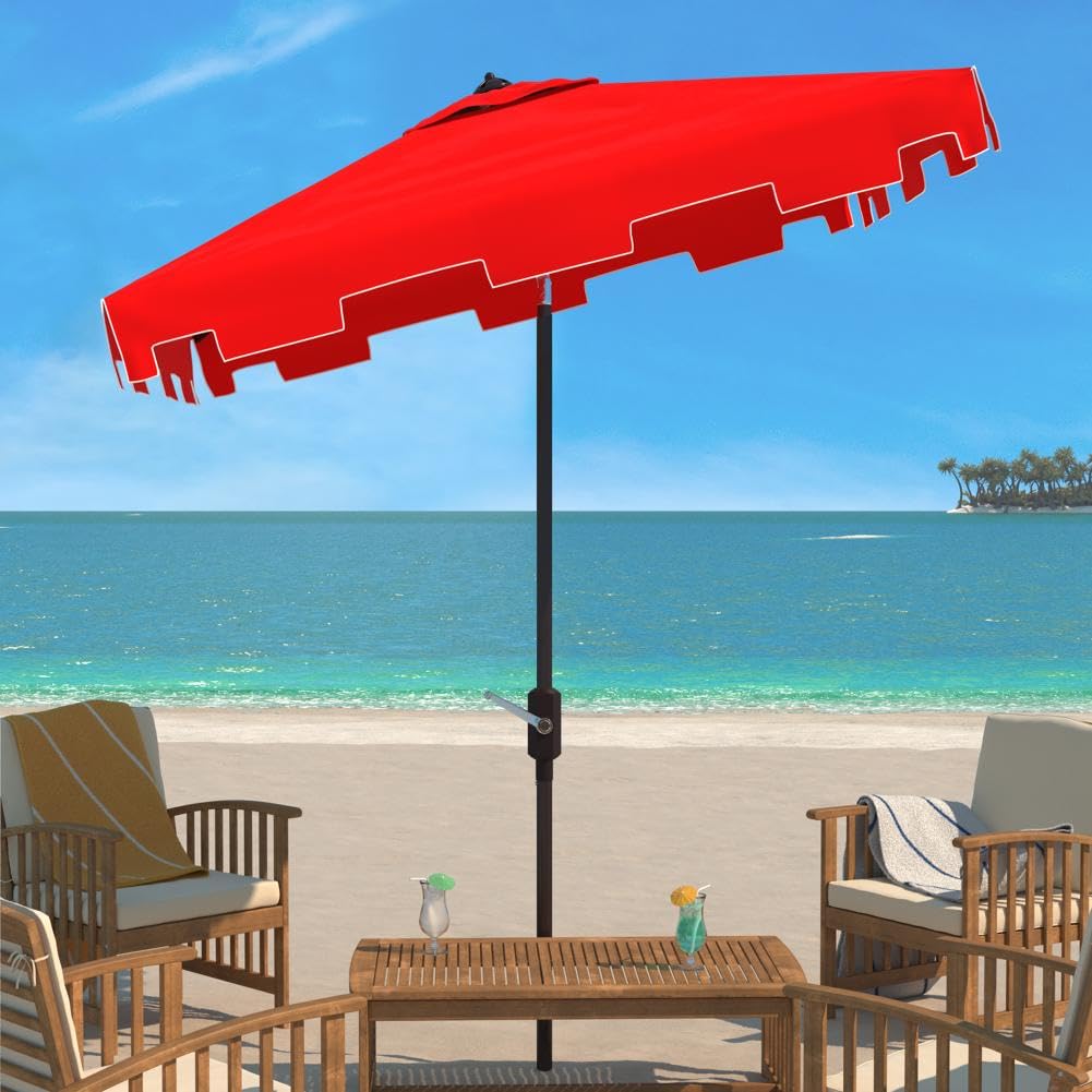 SafaviehOutdoor Collection Zimmerman Red/White Square Crank Auto Tilt Umbrella for Backyard, Patio, Deck, Poolside
