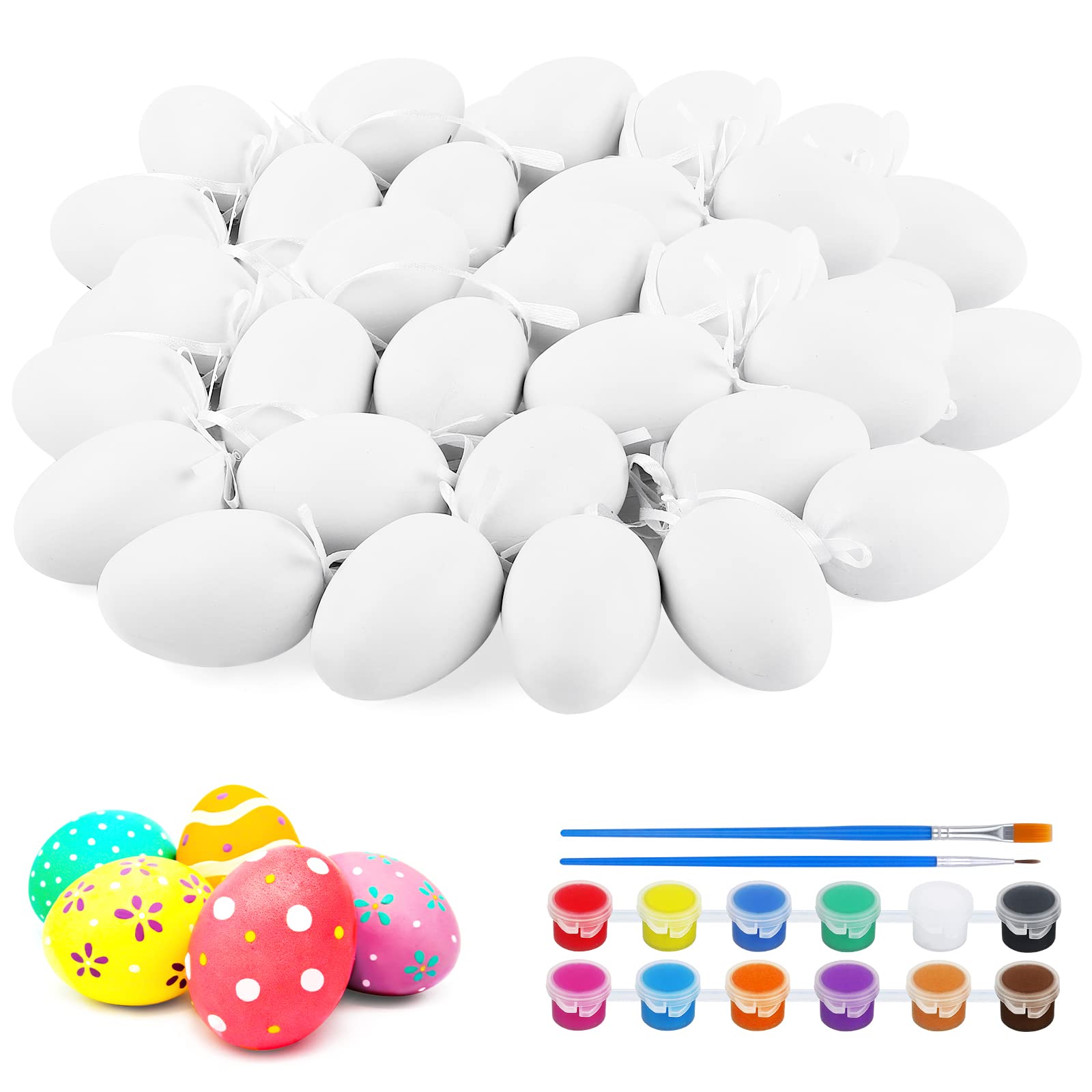 Aneco 24 Pieces White Easter Eggs Decorating Kit DIY Easter Eggs Plastic Easter Eggs to Paint Hanging Ornament with Rowknot Rope, Paintbrush, Acrylic Paint for Easter Crafts Party Supplies