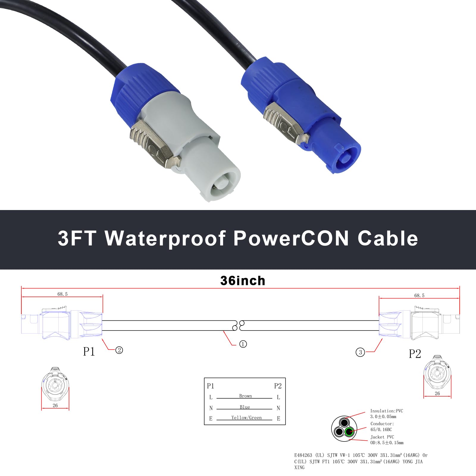 Kabel zasilający PowerCon do PowerCon – NAC3FCA do NAC3FCB 20A AC PowerCon złącze 16AWG, 3-pinowy kabel przedłużający do oświetlenia scenicznego/ekranu LED