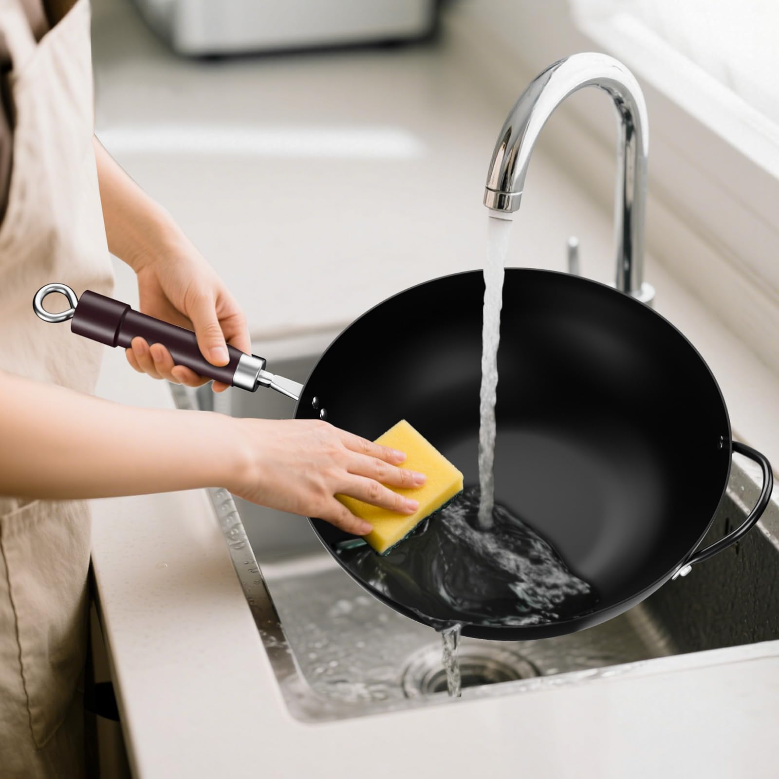 Jobin 32 cm/12,6'' Wok de Acero al Carbono con Tapa, Asas de Madera y Acero, Puede Cocinar Platos Asiáticos Para 3-5 Personas - Fondo Plano