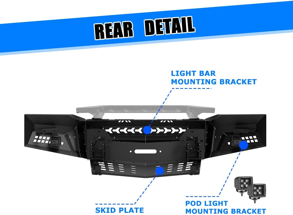 CPW Front Bumper For 2019 2020 2021 Chevy Silverado 1500 (Exclude 2019 LD Model), Modular Heavy Duty Steel Front Bumper & Side Wings w/ 2xD-Ring Shackles/Auxiliary Heater Wiring Holes