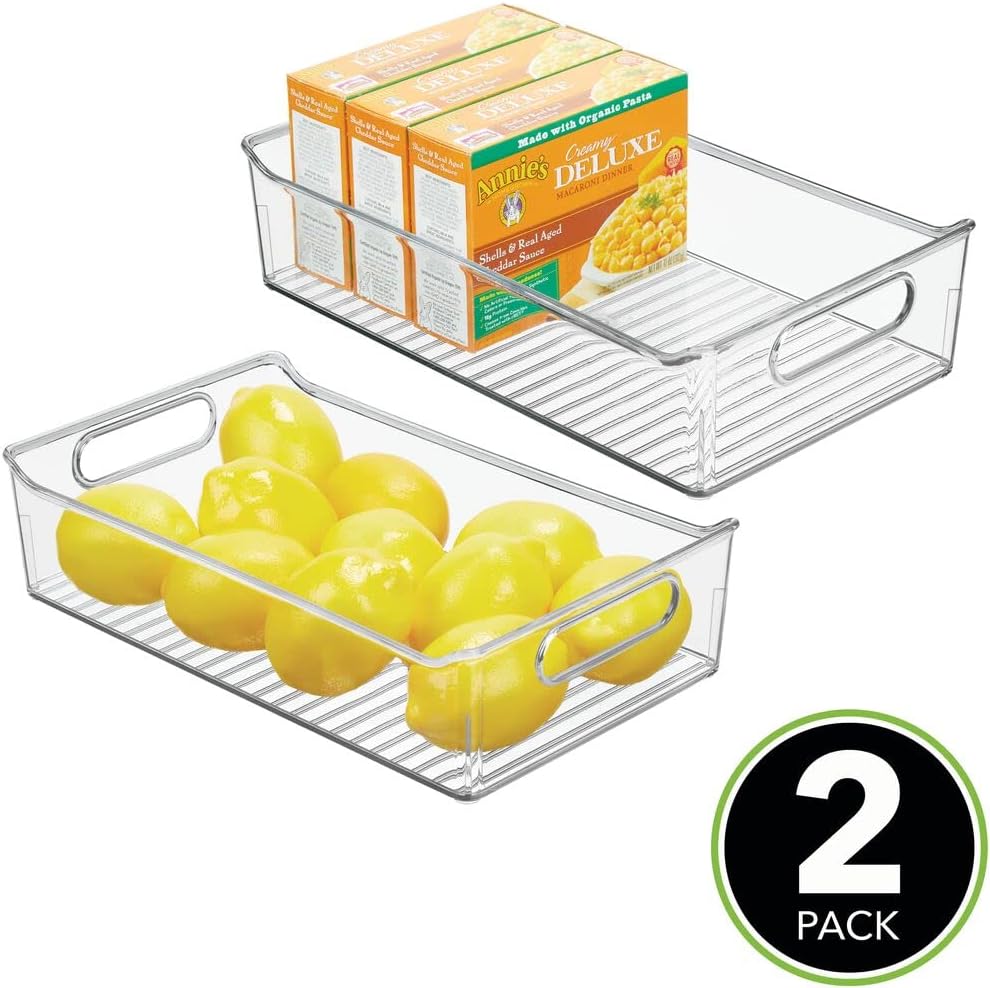 mDesign Plastic Kitchen or Pantry Storage Bins with Handles - Organization in Cabinet, Fridge or Freezer - Fruit Container for Refrigerator or Food Organizer for Pasta, Ligne Collection, 2 Pack, Clear