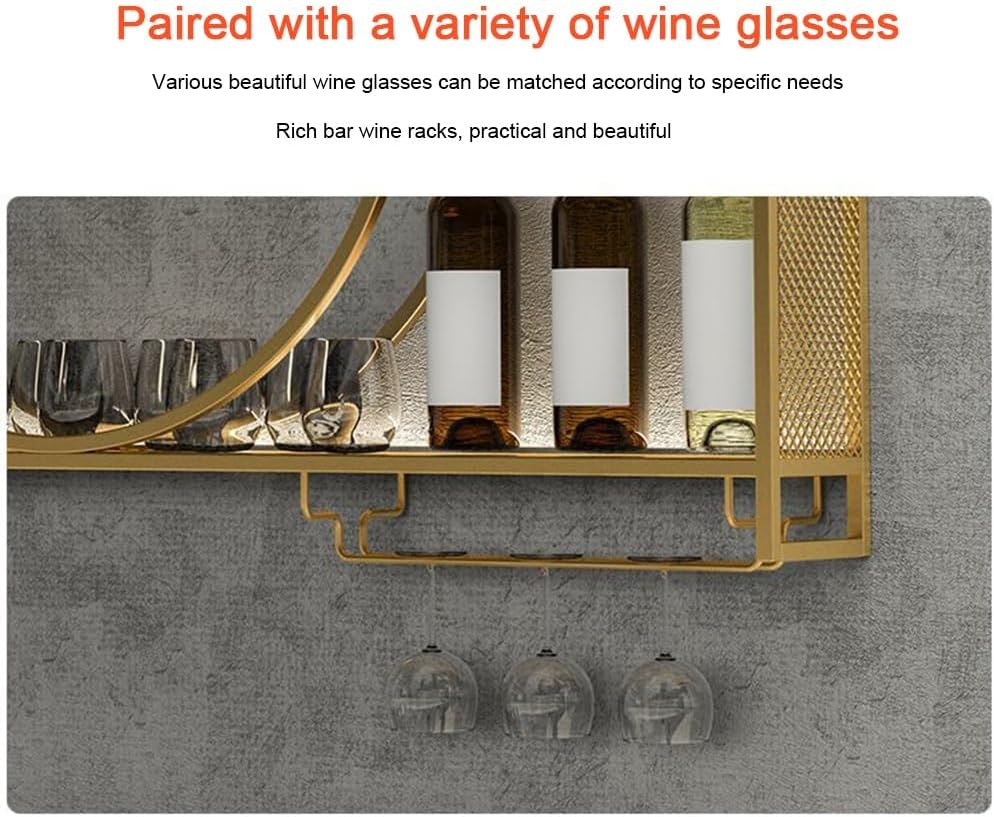 Metal Wine Display Rack with Floating Shelves for Home Bars Wall Mounted Wine Racks with Multi Functional Iron Bottle Holder (Gold 47.2x5.9x31.5in)