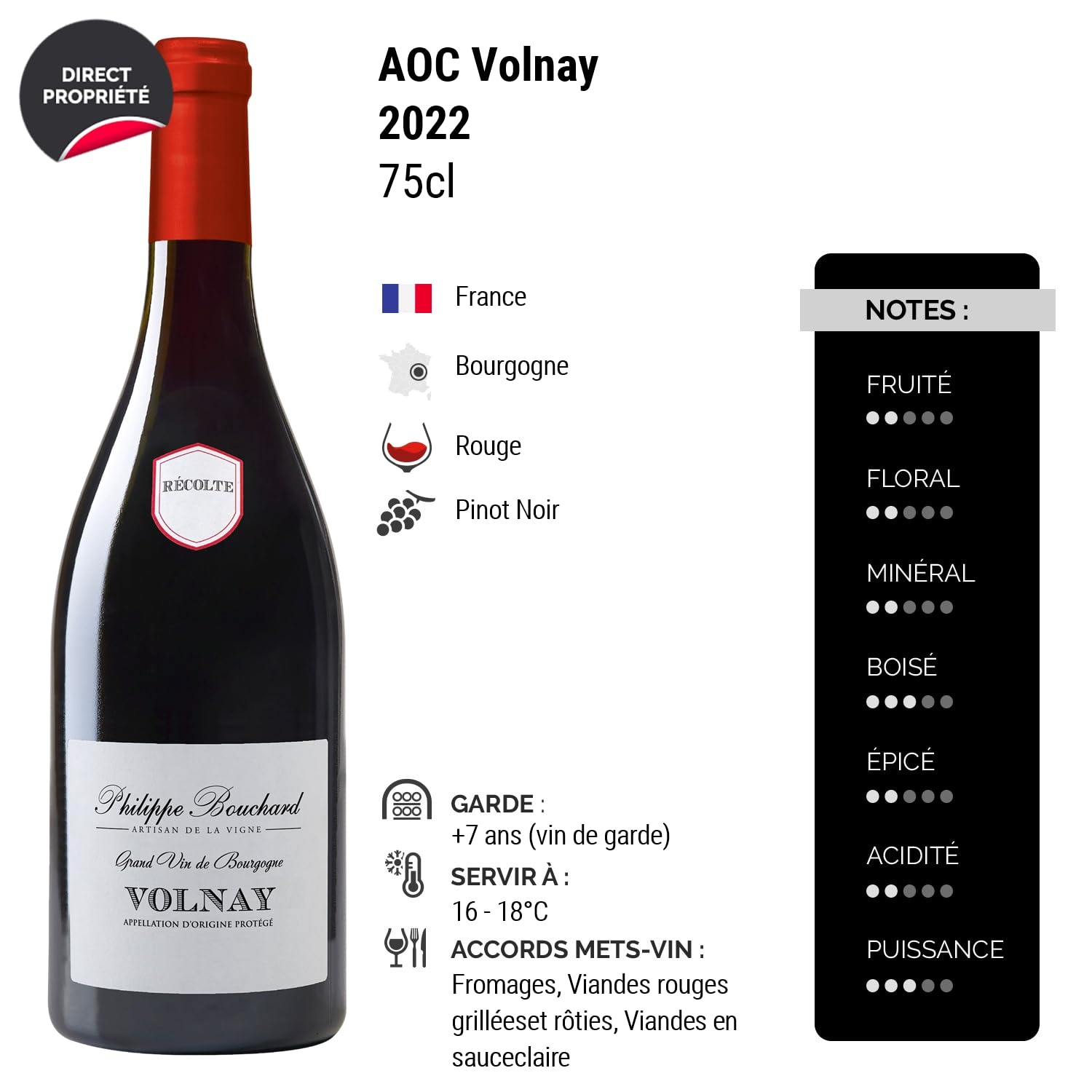Volnay - Rouge 2022 - Philippe Bouchard - Vin Rouge de Bourgogne (3x75cl)