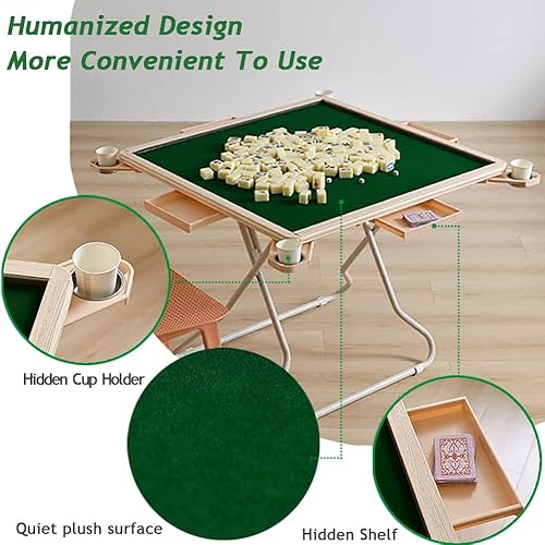 Miniatura 4 de MEIMAI Mesa Mahjong, mesas de cartas cuadradas plegables de 35 pulgadas con 4 portavasos y 4 cajones para 4 personas, mesa Majiang de escritorio