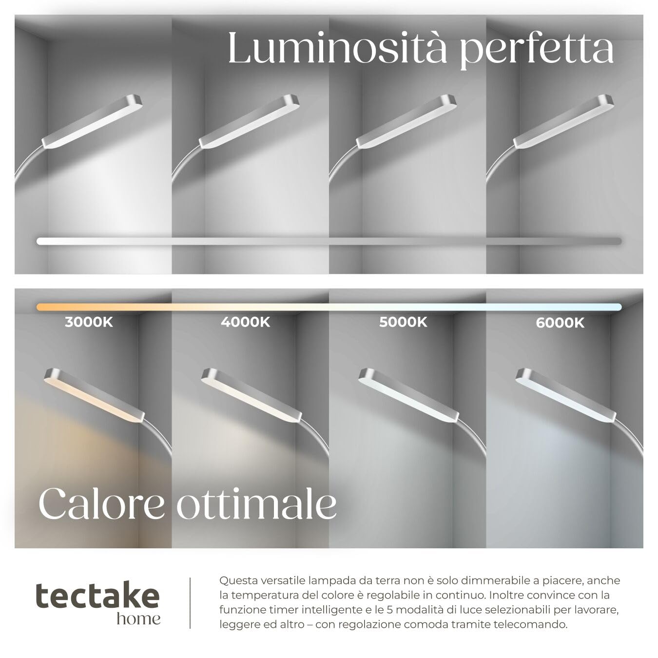 tectake® Lampada da Terra LED 12W, Piantana LED con Luce da Lettura Integrata, Arco Flessibile, Dimmerabile, Temperatura Colore Regolabile, Pannello Touch, Telecomando Magnetico - Argento