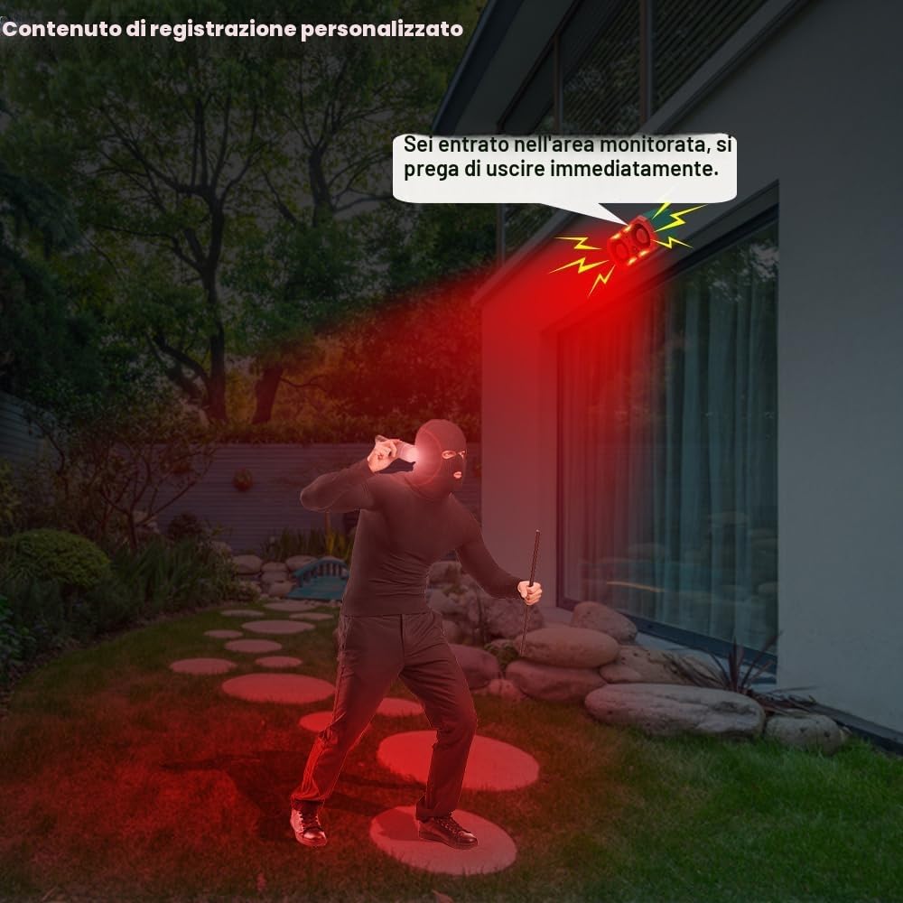 Allarme solare per esterni con sensore di movimento Comboss che abbaia, sensore di movimento per cani che abbaia, suono con 2 x 130 dB e luce stroboscopica a 13 LED, supporto per registrazione,