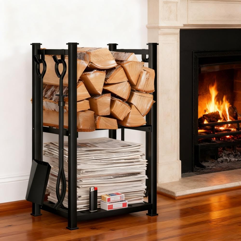 Amagabeli - Puerta de troncos con 4 herramientas, 72 x 46 x 30 cm, interior exterior, gran capacidad, conjunto de herramientas de chimenea, soporte de leña, herramientas de almacenamiento