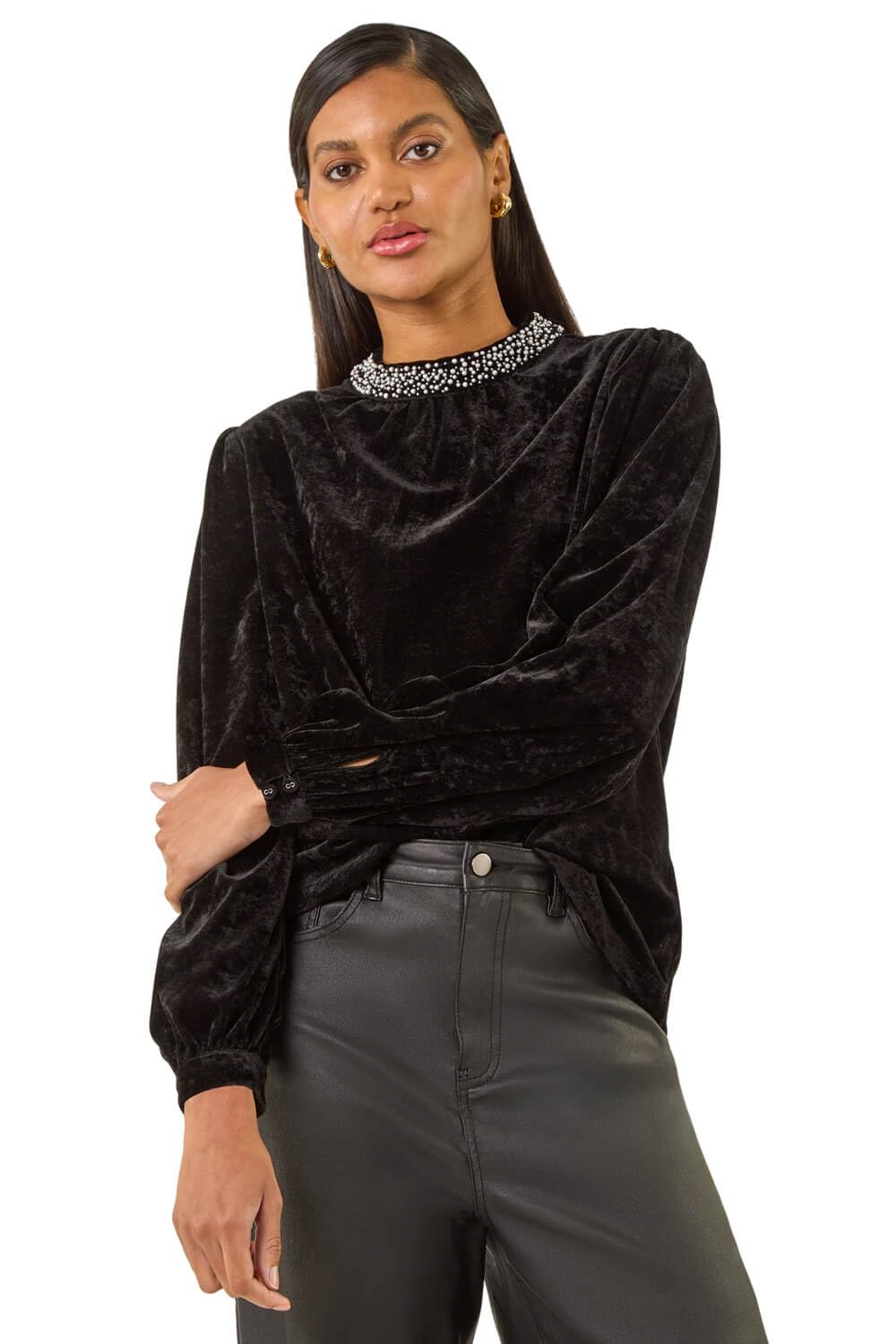 Roman Originals Women's Black Beaded Neck Velvet Top For Uk - Everyday Autumn Winter Round Neckline Comfy Soft Evening Vacation Work Party Night Out - Size 20