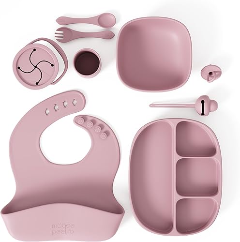 Rose Petal Pink - Juego de utensilios de alimentación para bebés que se alimentan a sí mismos, plato dividido con succión y cuenco de comida con