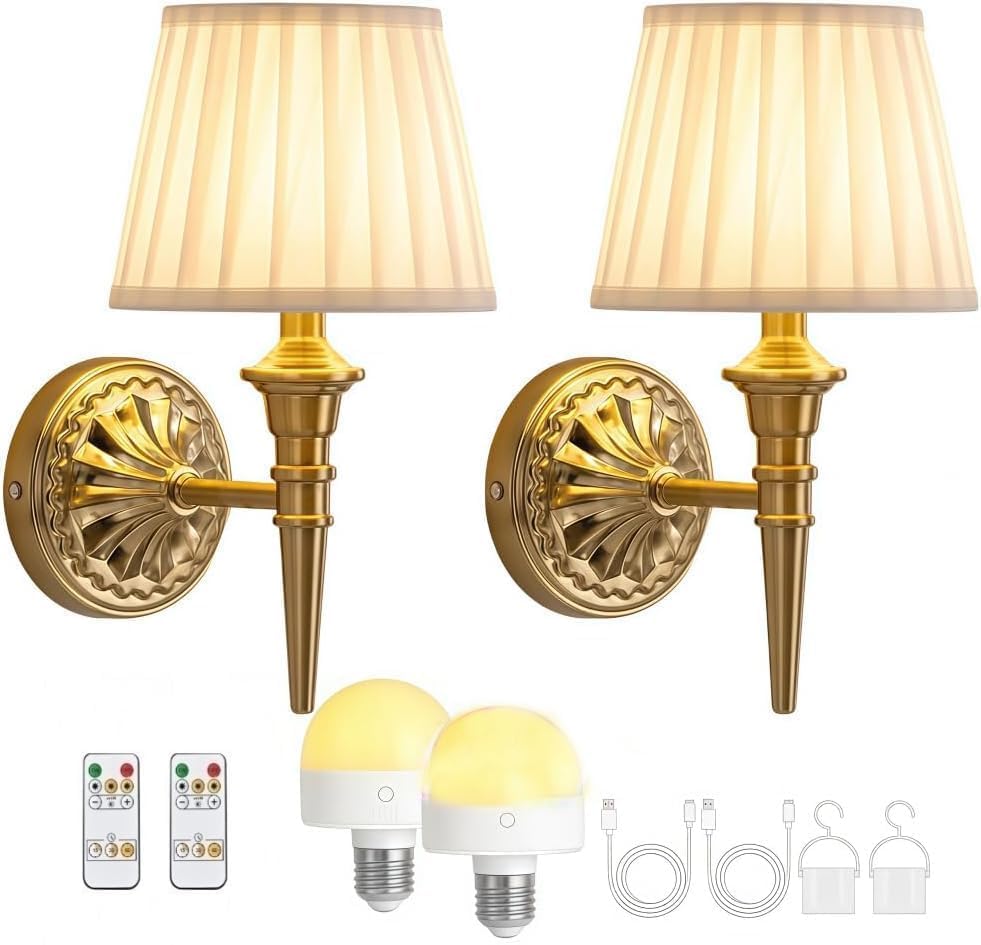 XUZIE Vintage Battery Operated Wall Lights Set of 2 Cordless LED Wall Sconces with Fabric Shade Rechargeable Wall Lights for Wall Painting, Living Room, Bedroom, Hallway, Kitchen, Gifts (Gold)