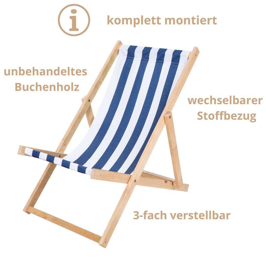 Liegestuhl klappbar Holz - Sonnenliege aus Buchenholz bis 120 Kg Holzklappstuhl für Balkon, Strand und Terrasse & Camping - Gartenliege Strandliege (Blau-Weiß gestreift)