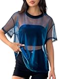 Women's See Through Top Metallic Mesh Sheer Short Sleeve Rave T-Shirt