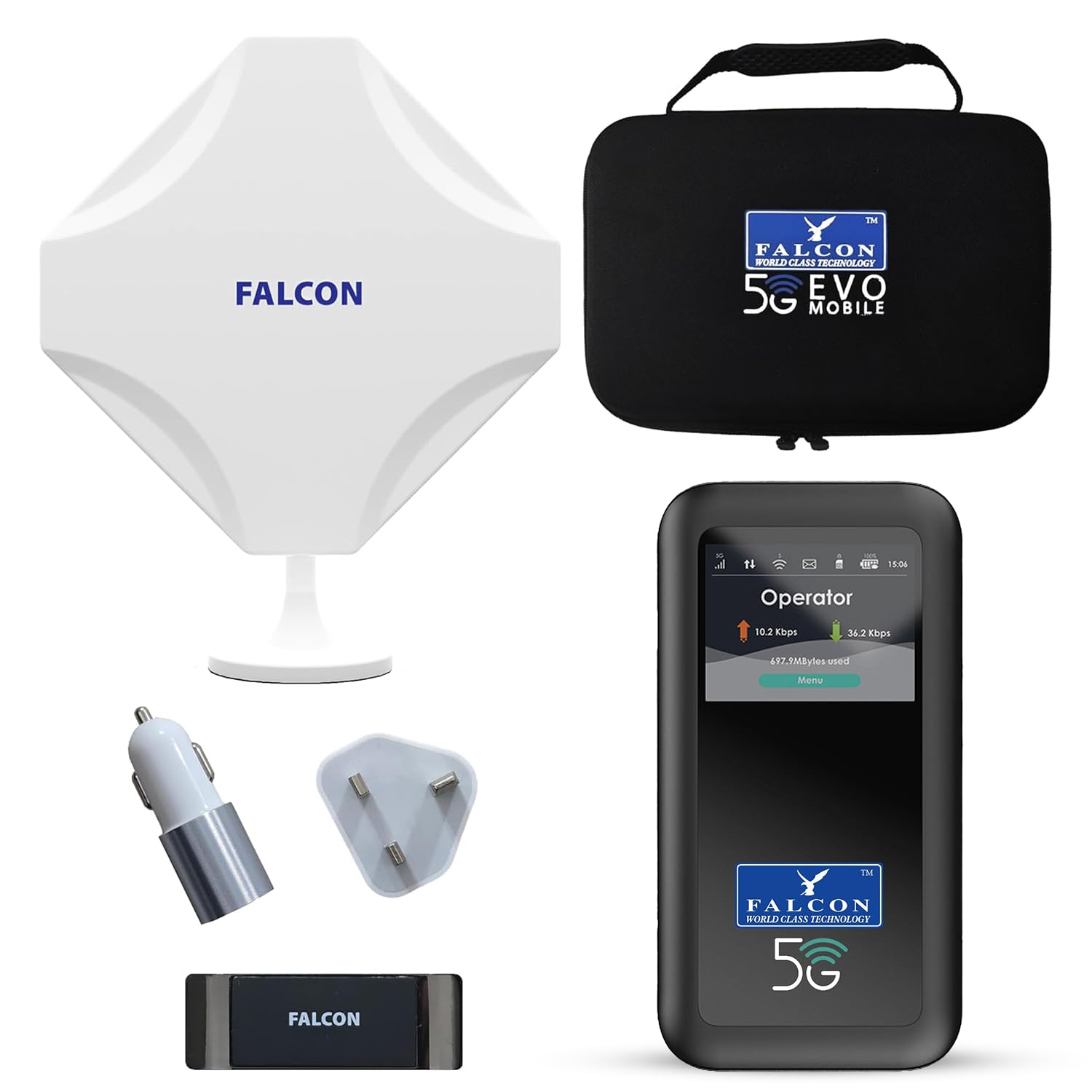 Falcon EVO Mobile Deluxe – Portable 5G Amplified Antenna Including 3400Mbps 5G Portable Router (Nano & eSIM Compatible) + Accessories