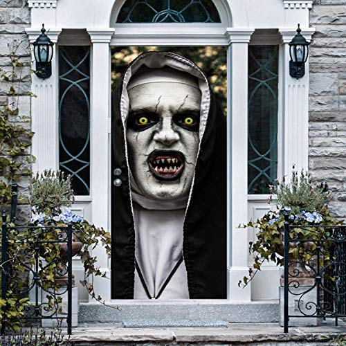 Halloween 3D Nun Door Cover Sticker, 30 x 80 Inch Halloween Door Decorations Lifelike Scary Ghost Nun Wallpaper Cover for Front Door Decor, Party Outdoor Supplies
