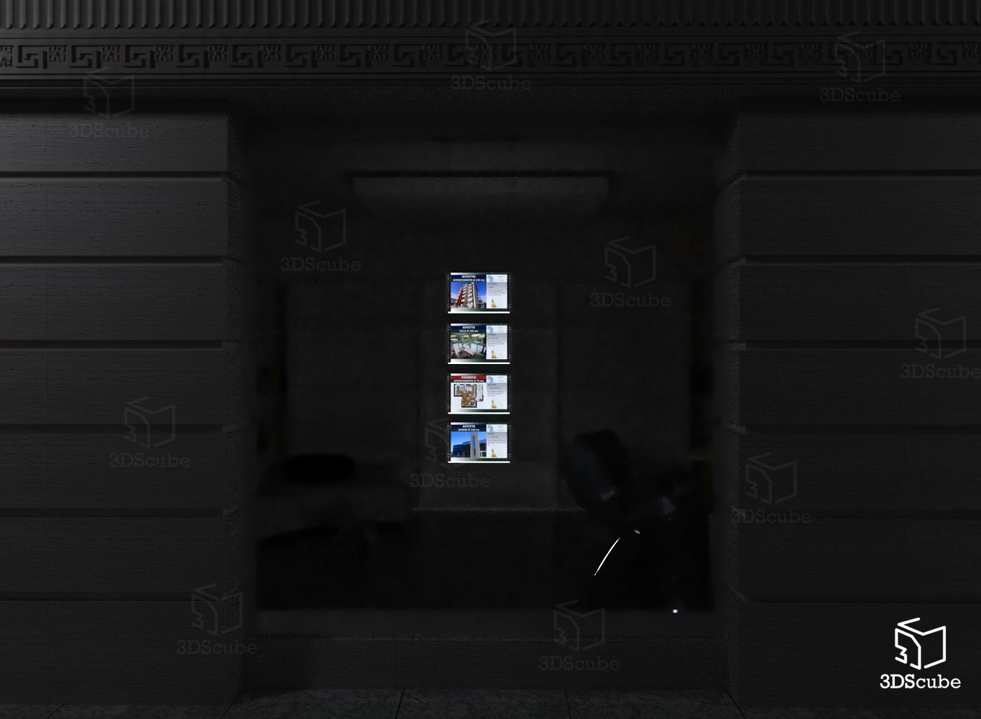 Expositor con cables luminosos de una cara para escaparate, Evo LED Kit 1 x 4 con carpetas luminosas de metacrilato formato A4 horizontal, porta anuncios para agencias inmobiliarias, estudios