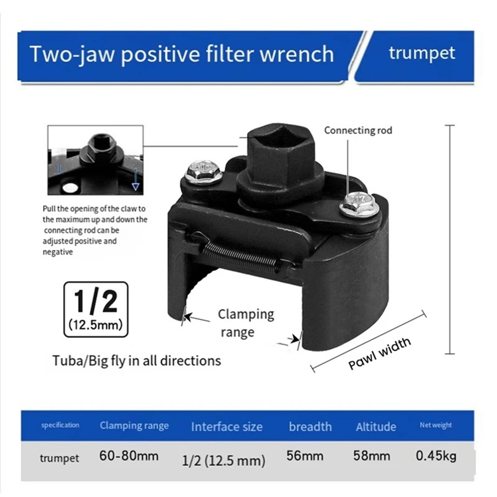 Uniwersalny klucz nastawny do filtra oleju z dwiema szczękami, filtr 60 do 80 mm, klucz filtrujący, stal odlewana, z dwoma zębami, czarny