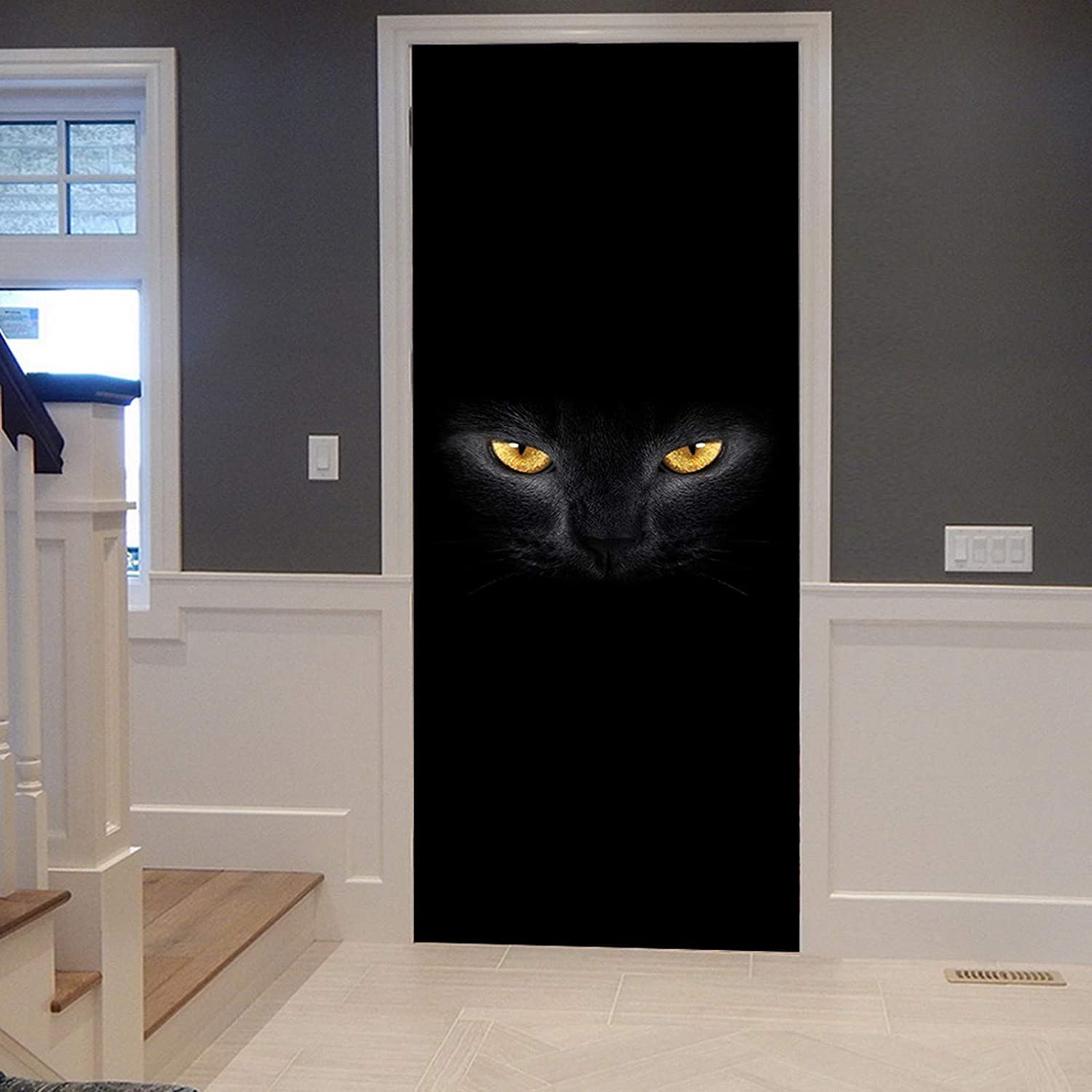 3D Door Mural Black Animal Catart Door Stickers for Interior Doors Kids Wall Stickers Self Adhesive Poster Wallpaper Bedroom Living Room Office Bathroom House Decoration 95 X 215 Cm