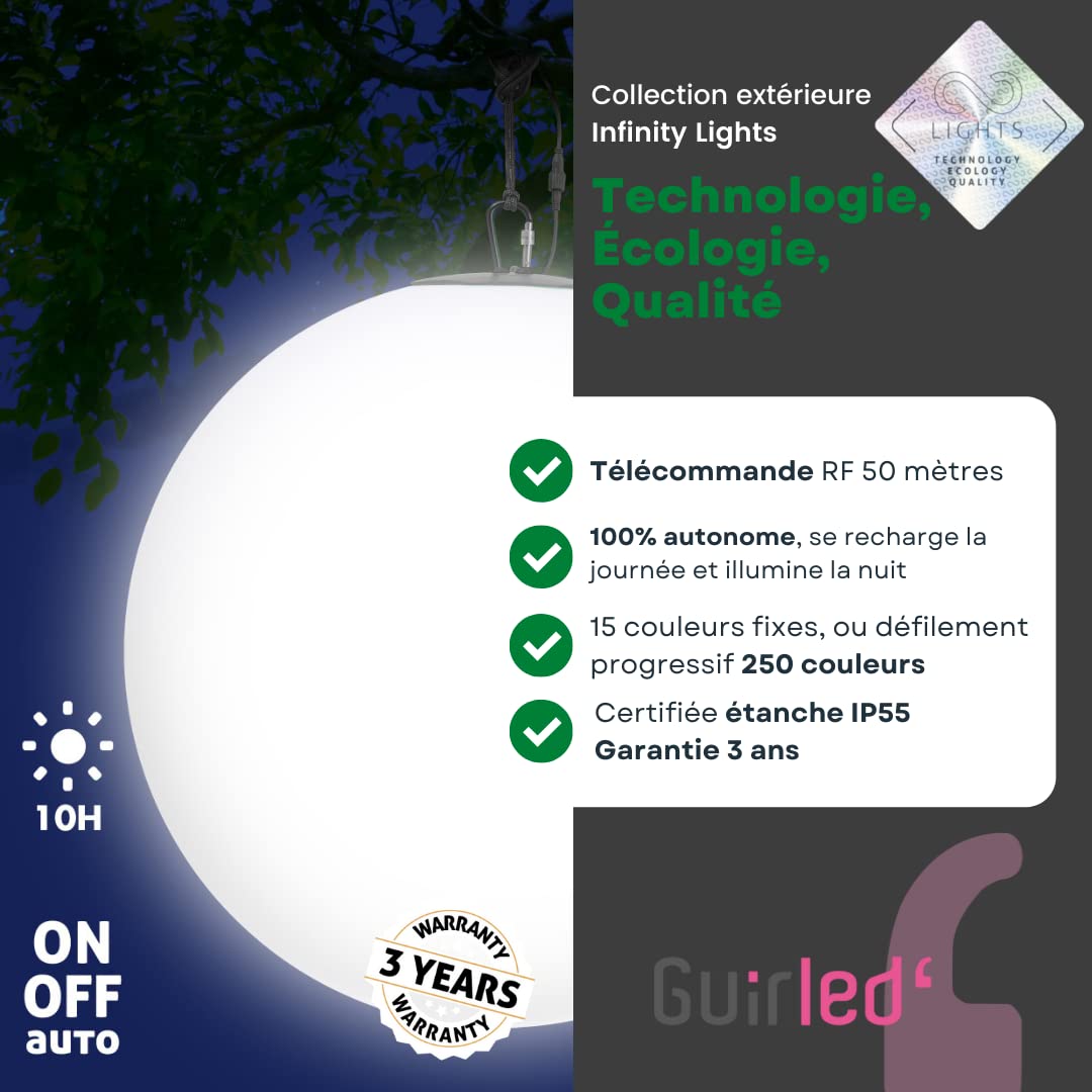 GuirLED - Sfera solare Sfera luminosa LED IP55 RGB Premium XL - Ricaricabile Sole/settore - Telecomando - Lampada da giardino - Fissaggio sugli alberi - Diffusione 360°- Made in France - 50 cm
