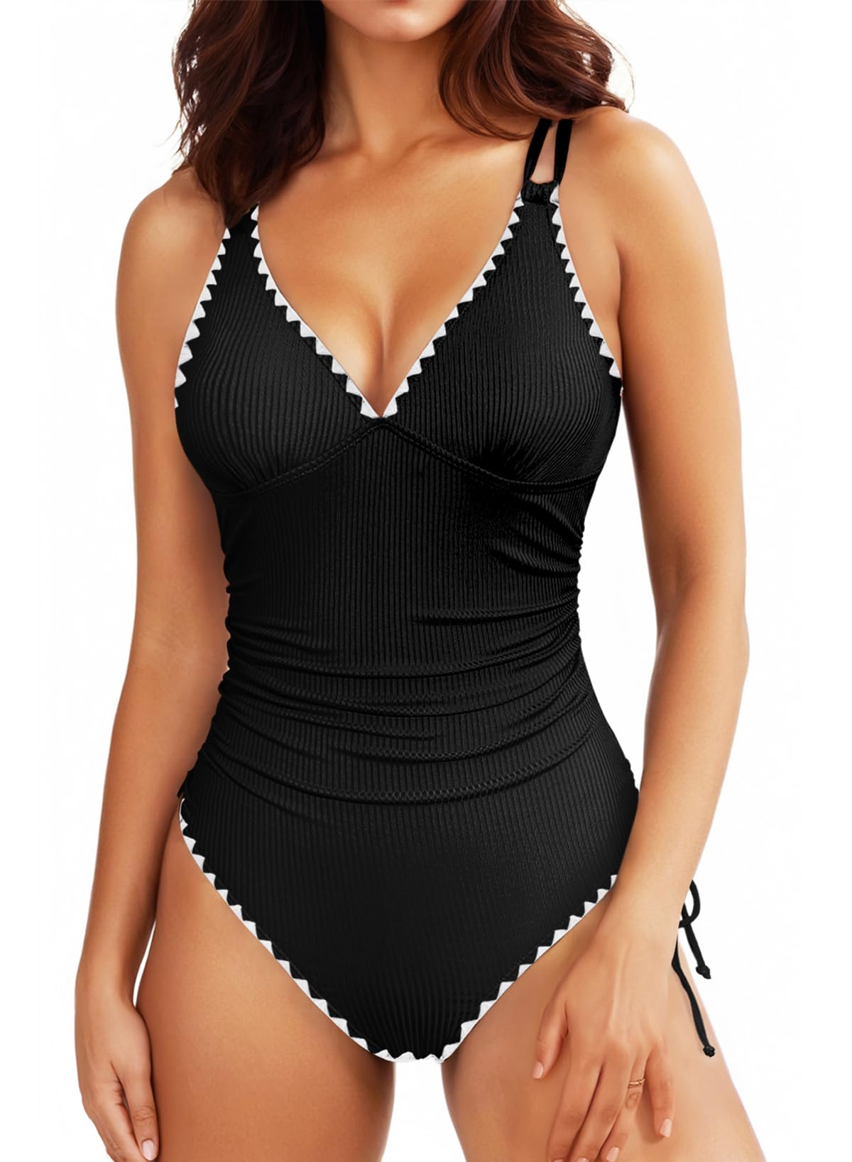 Aleumdr Sexy One Piece Swimsuit for Women Ruched Tummy Control Bathing Suit V Neck Tie Side Swimwear (Available in Plus) XX-Large Shell Edge Black