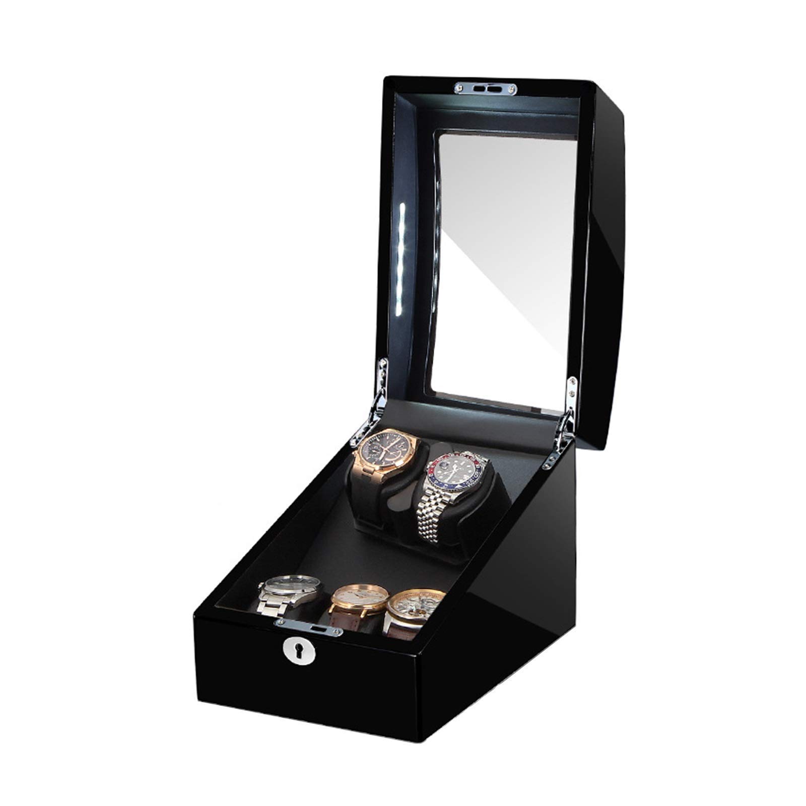 MYUYEE Watch Winder Automatic Watch Winders Box 2+3 Soft Flexible Watch Pillow Built-In Led Light Piano Paint Exterior Silent Motor,Black+Black Watch Winder (Black+Black-A)