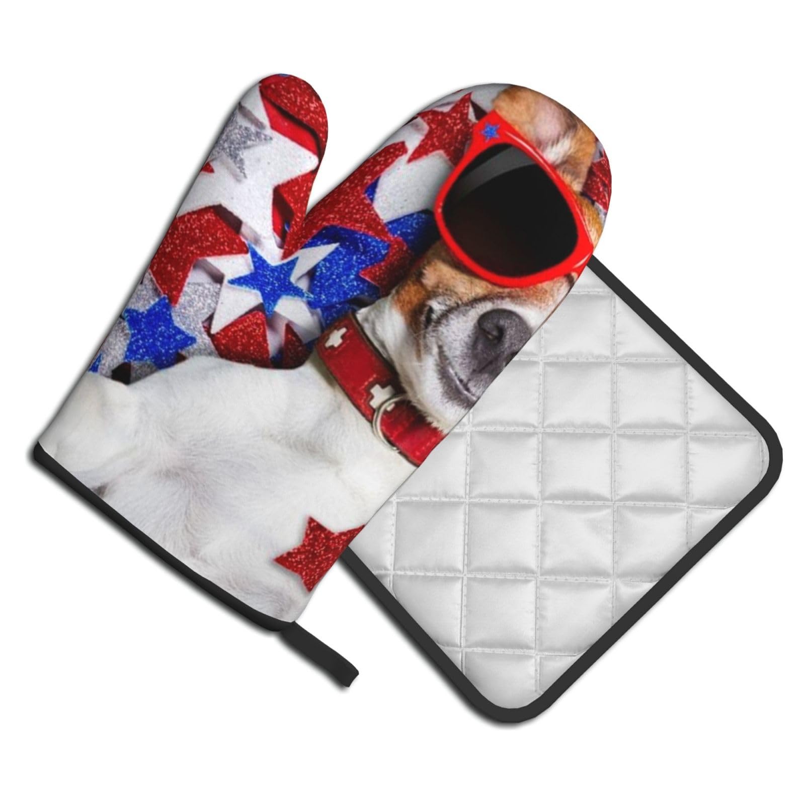 Oven Mitts and Pot Holders Set of 2 Pcs, USA Flag Puppy Printed Heat Resistant Kitchen Gloves Potholders for Cooking Baking Grilling