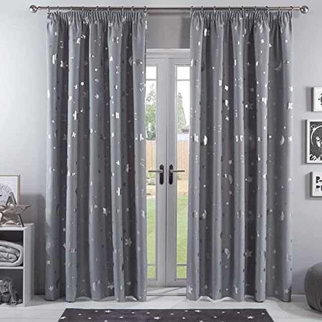 Dreamscene Galaxy Star Thermal Blackout Curtains Pair of Solid Pencil Pleat Metallic Moon Panels - Silver Grey - 46" x 54"