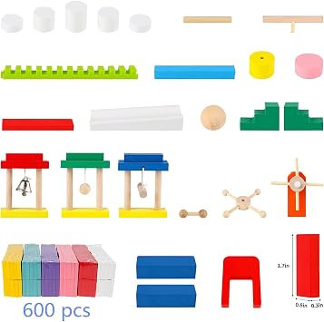 600 PCS Dominoes Set for Kids, Wooden Domino Building Blocks, 6 Colors Bulk Dominoes Racing Tiles Games with Extra 26 Add-on Blocks and Storage Bag, Educational Toys for Kids Birthday Party