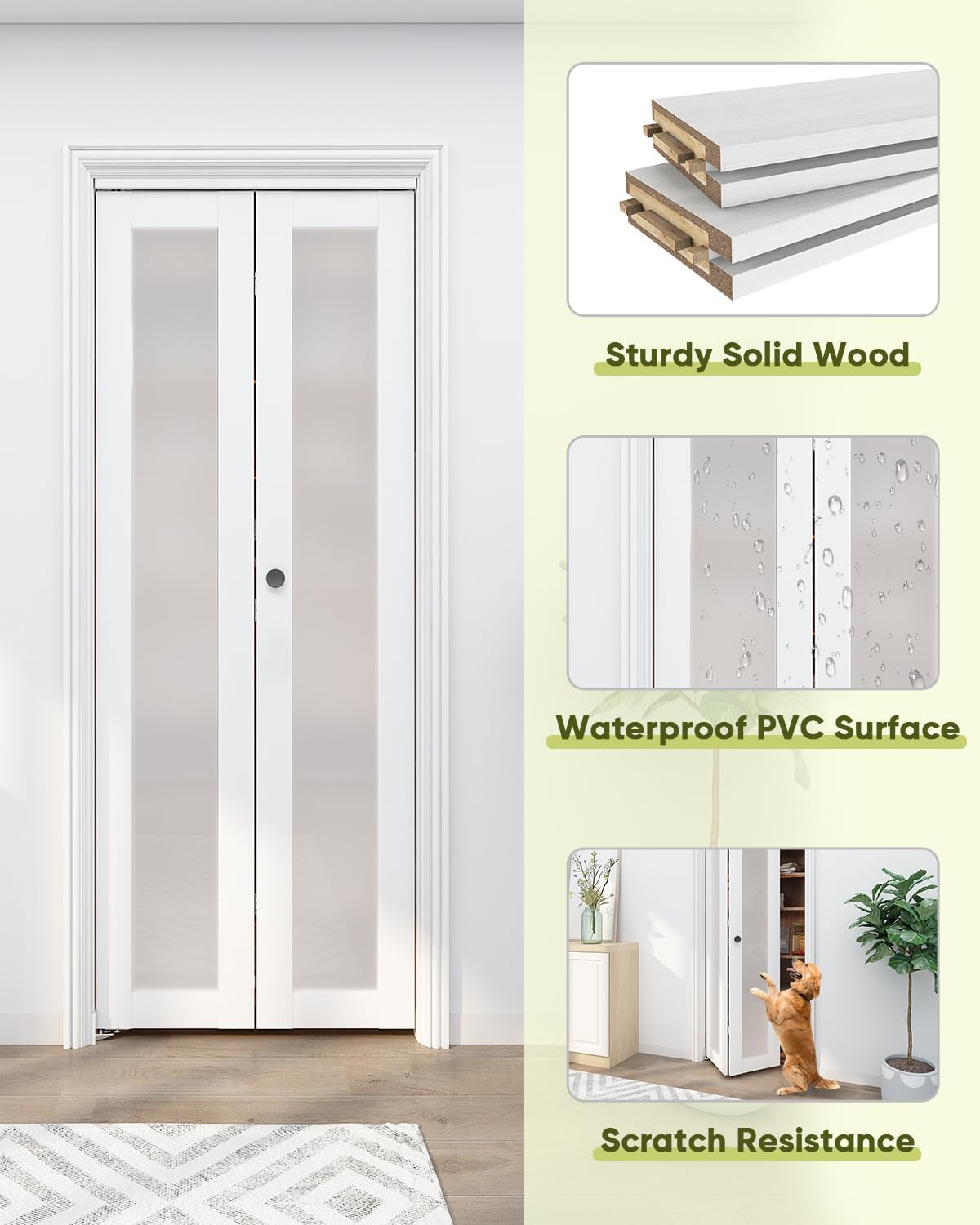 Bifold Closet Door for 36"x80" Opening, 1-Lite Frosted Tempered Glass Bifold Doors with Hardware Kit, White Closet Door with Fascia and Knob, Solid Wood & MDF with Water-Proof PVC Surface BarnBase Bifold Barn Door-1BD-W36AL
