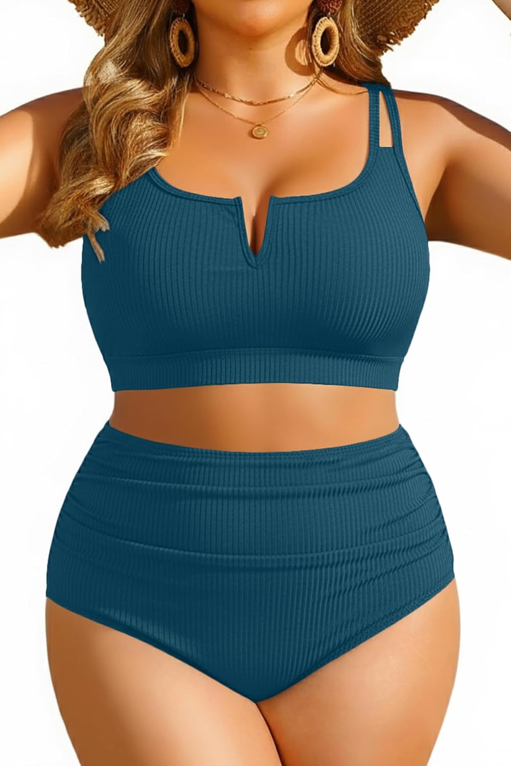 Women Plus Size High Waisted Bikini - Ribbed Two Piece Swimsuit Tummy Control Bathing Suit V-Wired 2025 Swimwear