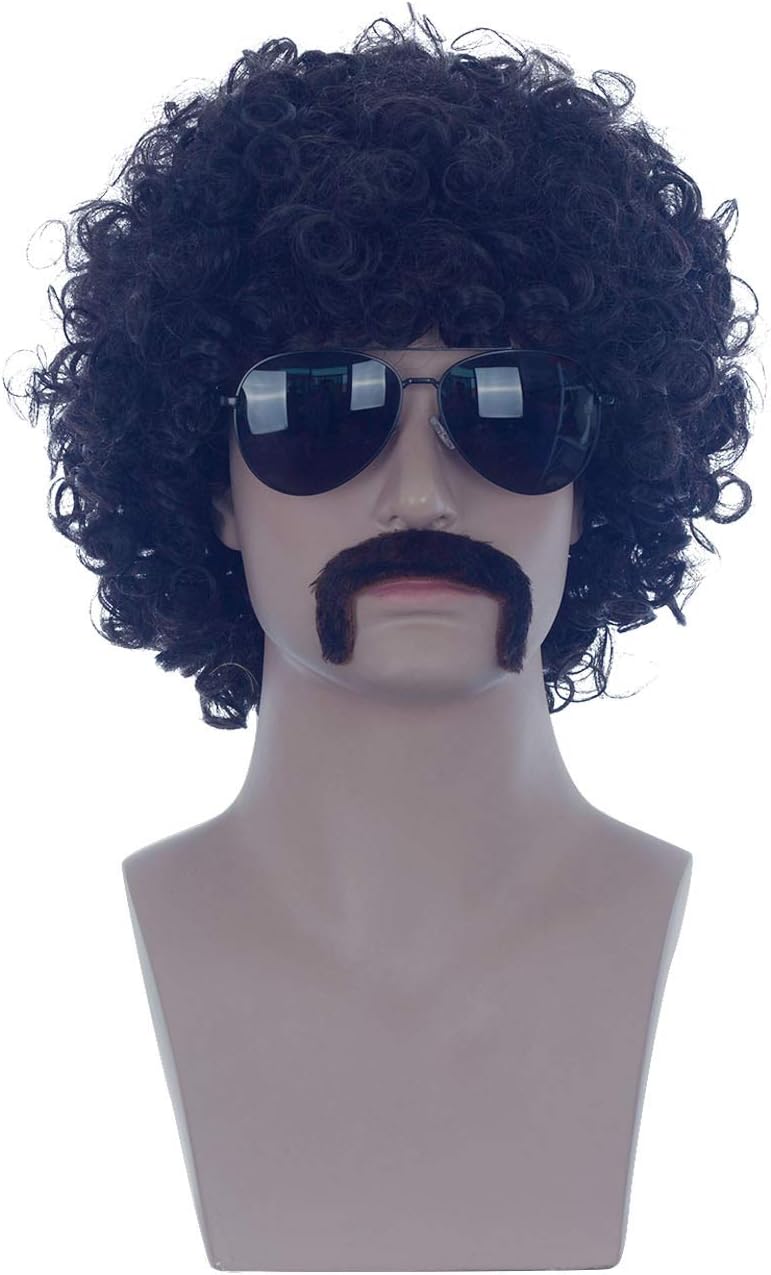 Angelaicos Men's 70s Disco Shaggy Afro Wig Short Curly Black Wig & Moustache (Black)