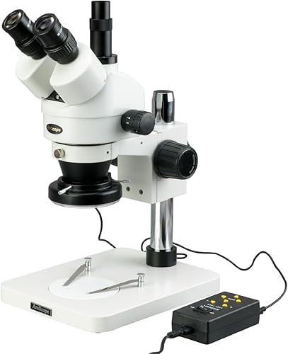 AmScope SM-1TSX-144A Microscopio de zoom estéreo trinocular profesional, ocular WH10x, aumento 3.5X-45X, objetivo de zoom 0.7X-4.5X, anillo de luz