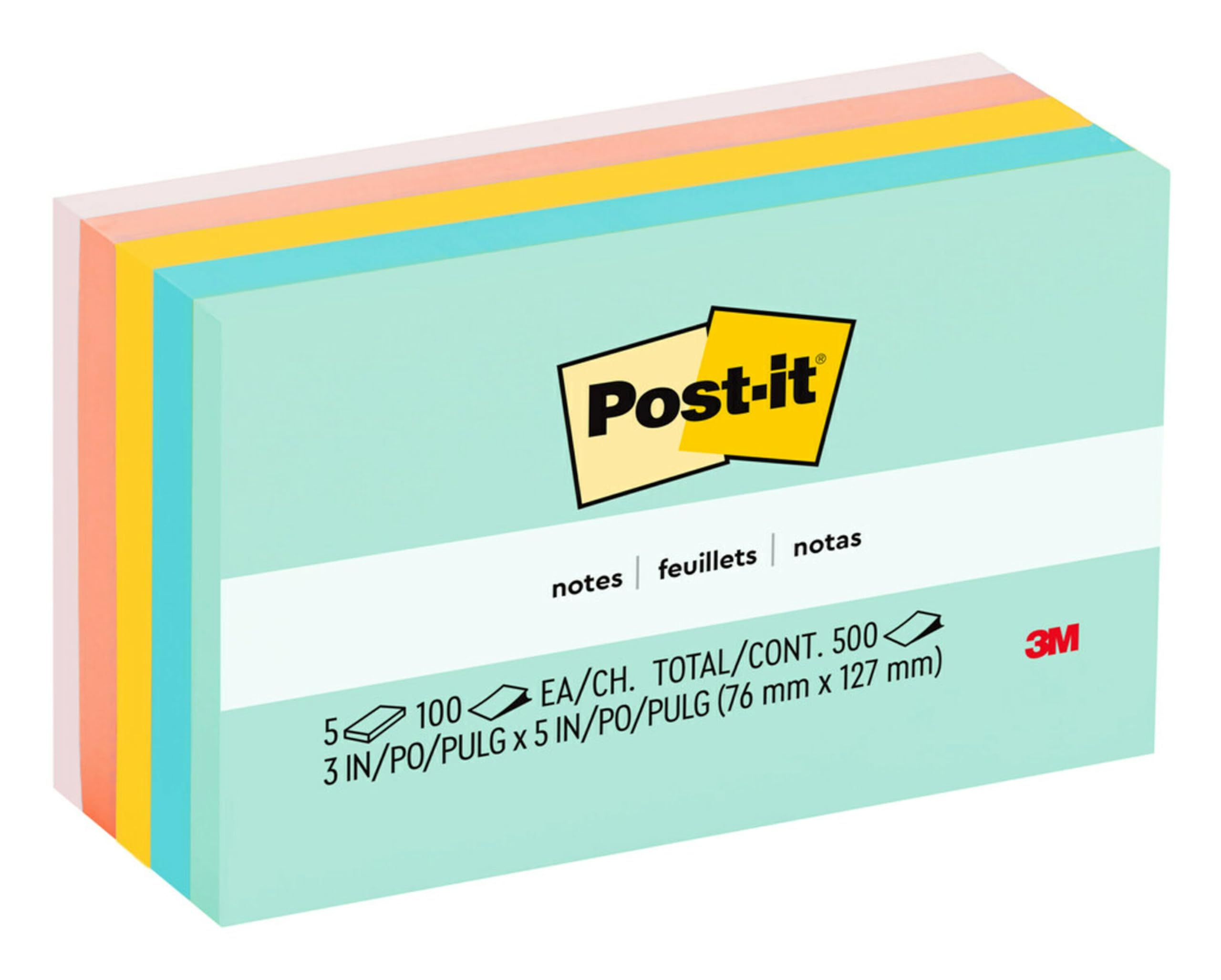 Post-it Notes, 3x5 in, 5 Pads, America's #1 Favorite Sticky Notes, Marseille Collection, Pastel Colors (Pink, Mint, Yellow), Recyclable (655-AST)