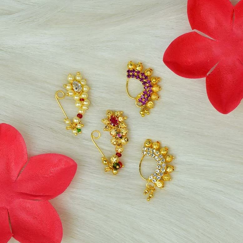 Image of Medium Size Traditional Maharashtrian Banu Nath Nose Stud without piercing Pearl Gold Plated Nath Combo Clip On Nose Ring For Women