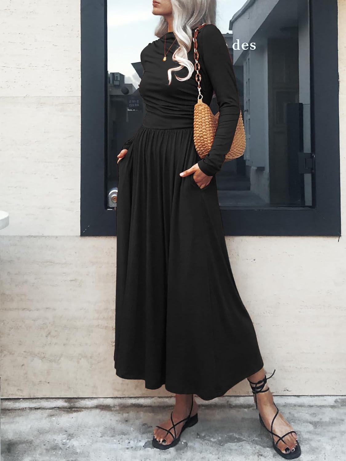 Women's Long Sleeve Maxi Dress 2025 Fall Crewneck Knit Plain Empire Waist Casual Slim Pleated Dresses with Pockets - Image 6