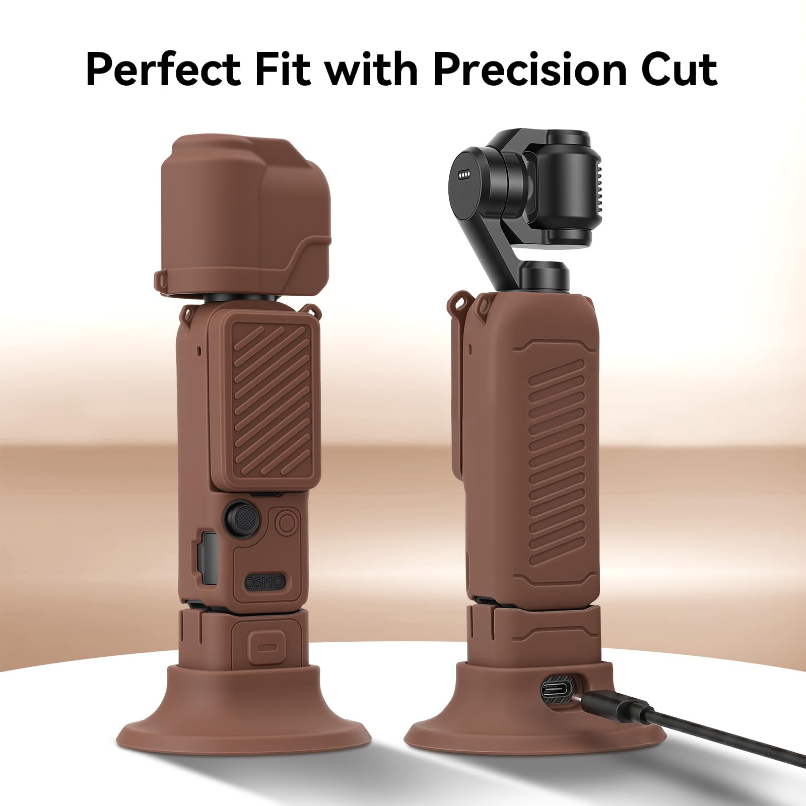AMAZEAR Custodia Silicone per DJI OSMO Pocket 4, Pocket 4 Accessori Cover Protettiva Silicone Morbido Combo con Vetro Temperato Protezione Schermo Obiettivo, Supporto Silicone, marrone