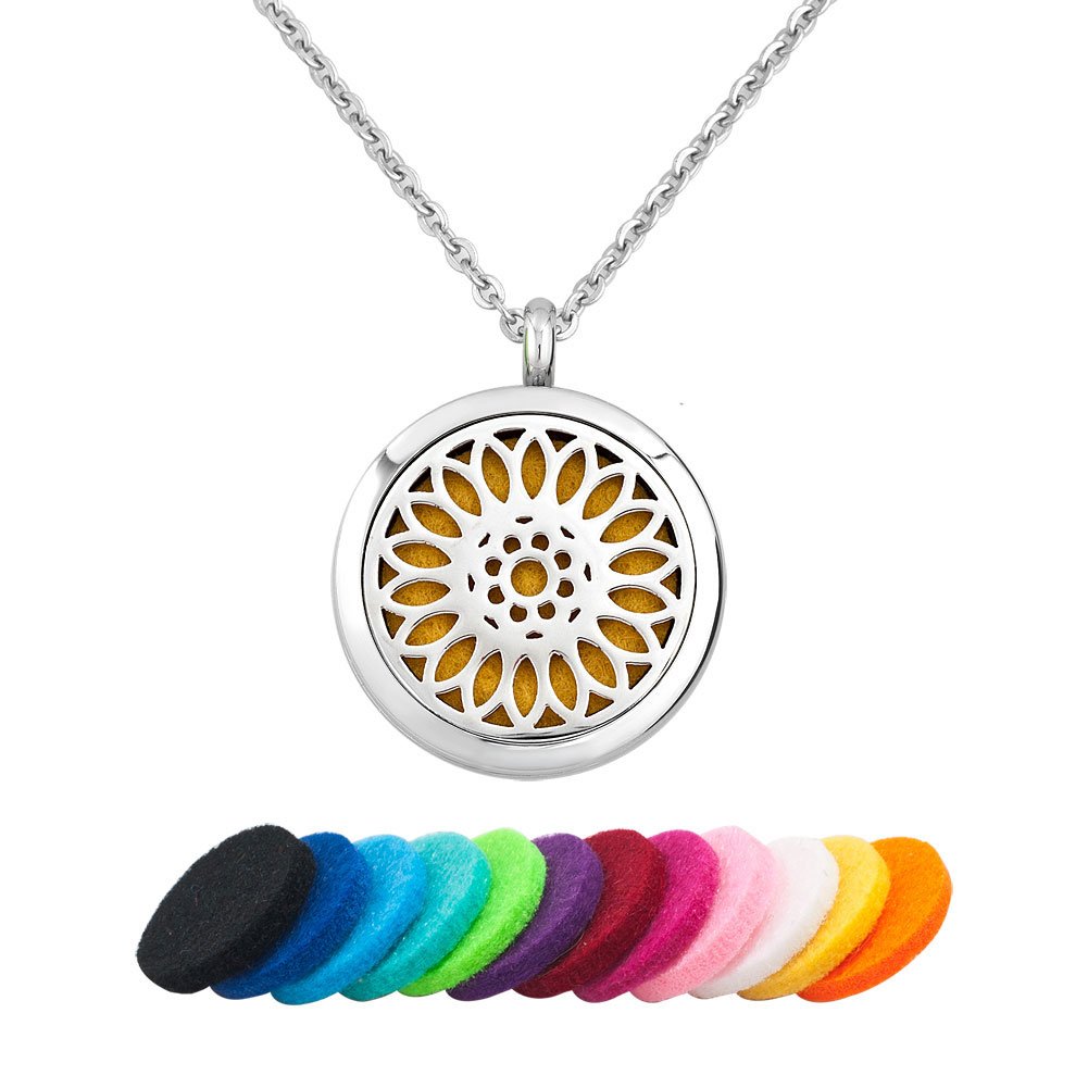 Aromatherapy Sunflower Necklace for Essential Oil Diffuser Locket Pendant, 12 Refill Pads