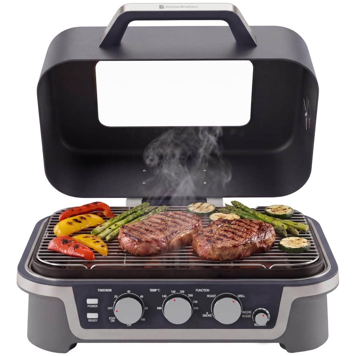 KitchenBrothers 4-in-1 Elektrogrill - BBQ & Smoker - Tischgrill - 2600W | Einstellbar von 90–250 °C, Timer bis 120 Min., Sichtfenster im Deckel, kompaktes, ideal Tischformat
