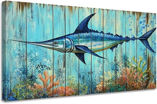 CGXLB Marlin Wall Art Fish Pictures Blue Marlin Wall Decor Coastal Marine Life Canvas Prints Fishing Paintings for Home Office Living Room 18"x36"