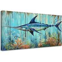 CGXLB Marlin Wall Art Fish Pictures Blue Marlin Wall Decor Coastal Marine Life Canvas Prints Fishing Paintings for Home Office Living Room 18"x36"