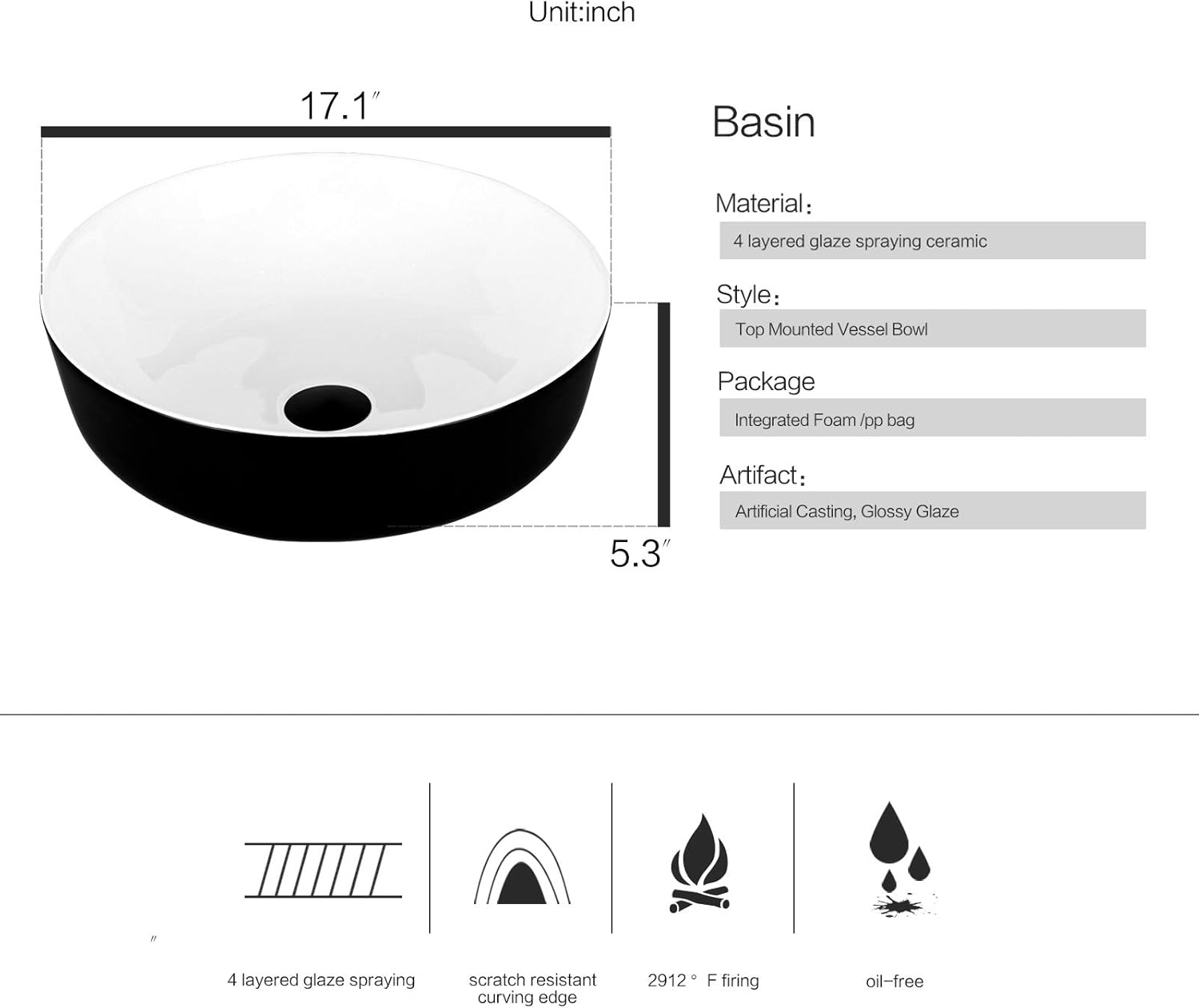 YOURLITE Bathroom Vessel Sink, Ceramic Vessel Sink for Bathroom,Round Ceramic Basin with Faucet & Drainer Set