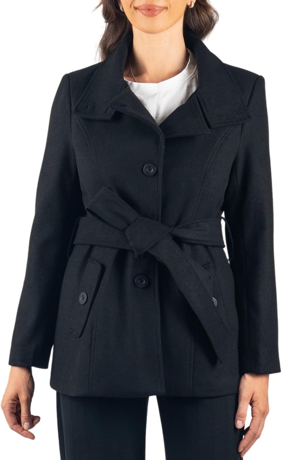 Alpine Swiss Bella Womens Wool Blend Coat Removable Belt Blazer Jacket Convertible Funnel Neck 3 in 1 Peacoat - Image 9