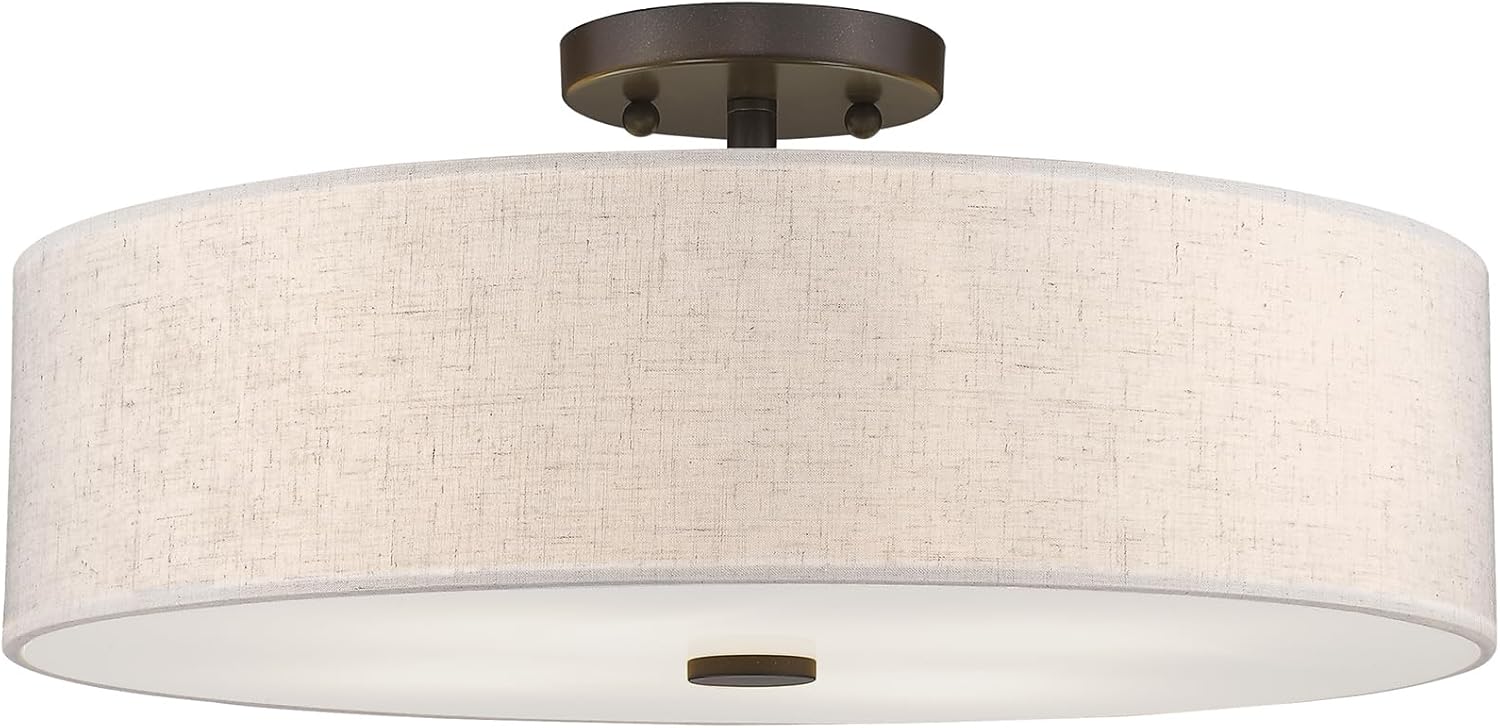 Livex Lighting 52136-92 Meridian Collection 4-Light Transitional Ceiling Mount Fixture with Oatmeal Color Fabric Hardback Shade, English Bronze