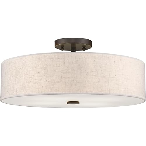 Livex Lighting 52136-92 Meridian Collection 4-Light Transitional Ceiling Mount Fixture with Oatmeal Color Fabric Hardback Shade, English Bronze