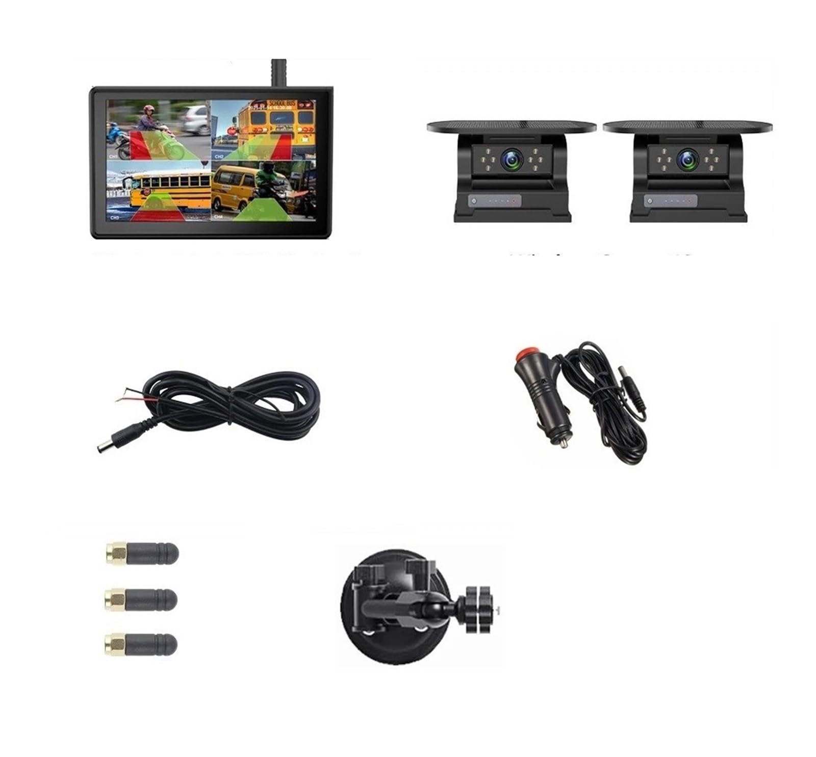Monitor DVR Inalámbrico con Pantalla Táctil 7 Pulgadas Pantalla Dividida 1/2x BSD Detección IA Cámara Respaldo Solar No Daña Instalación RV Cámara Visión Trasera(64G,2 Kit)