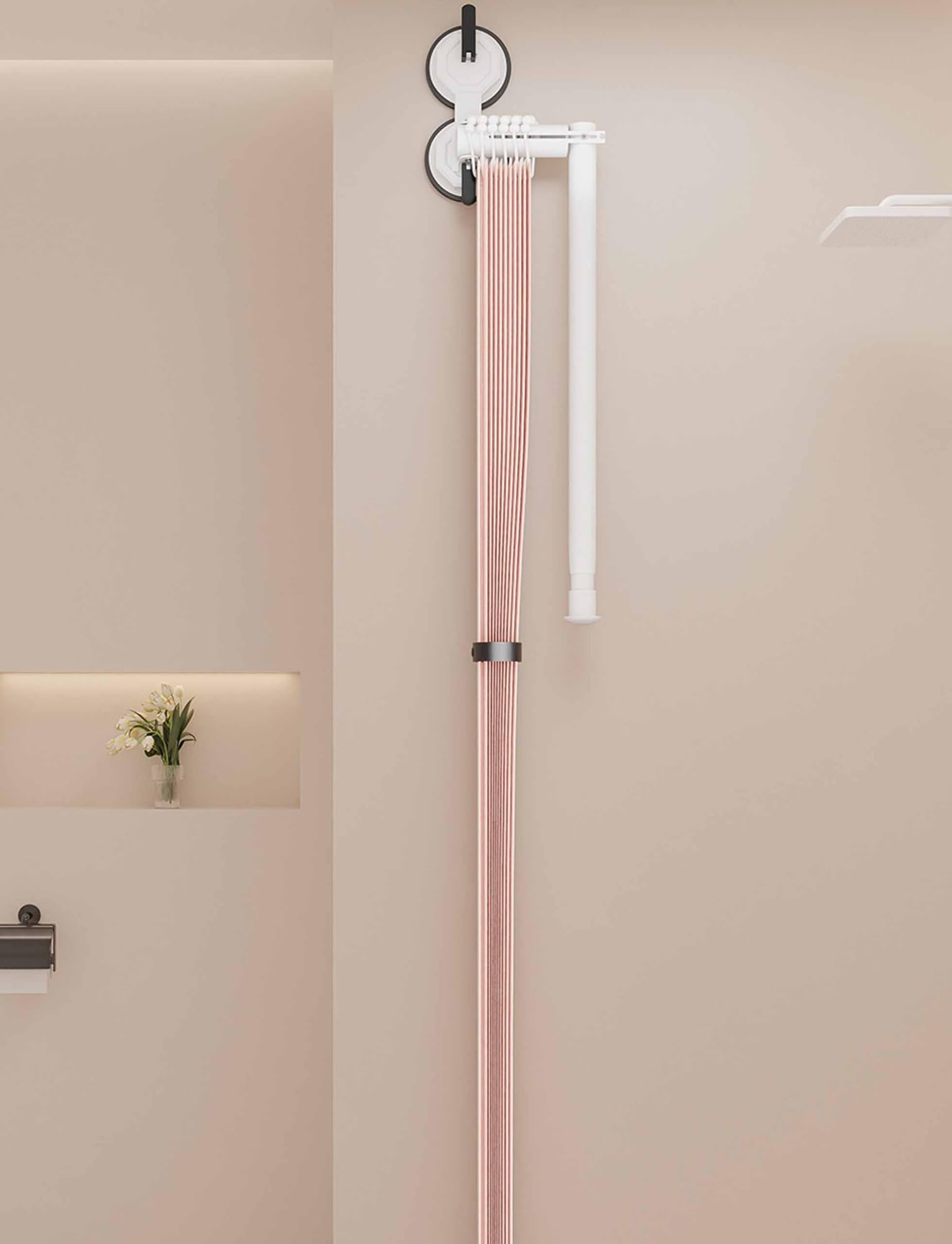 Rideau de douche pliable amovible et étanche rose avec fixation ventouses