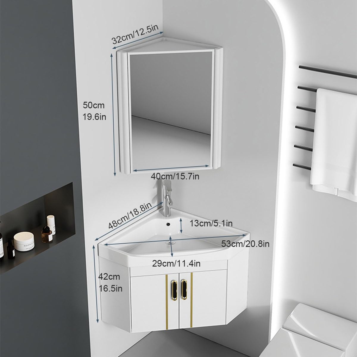Mueble de baño de esquina suspendido con lavabo, espejo, grifo y accesorios, ahorro de espacio para baños pequeños(White,48cm/18.8in)
