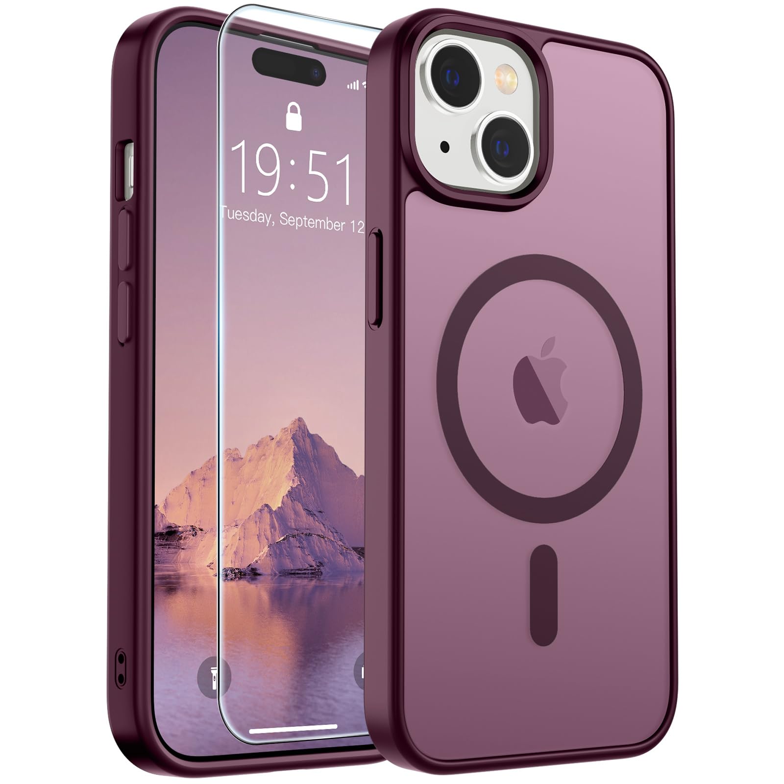 SUPFINE Magnetic for iPhone 15 Case Wine Red | With Screen Protector, Translucent Matte, Compatible with MagSafe, Military Grade Drop Proof, Rugged Shockproof Protective