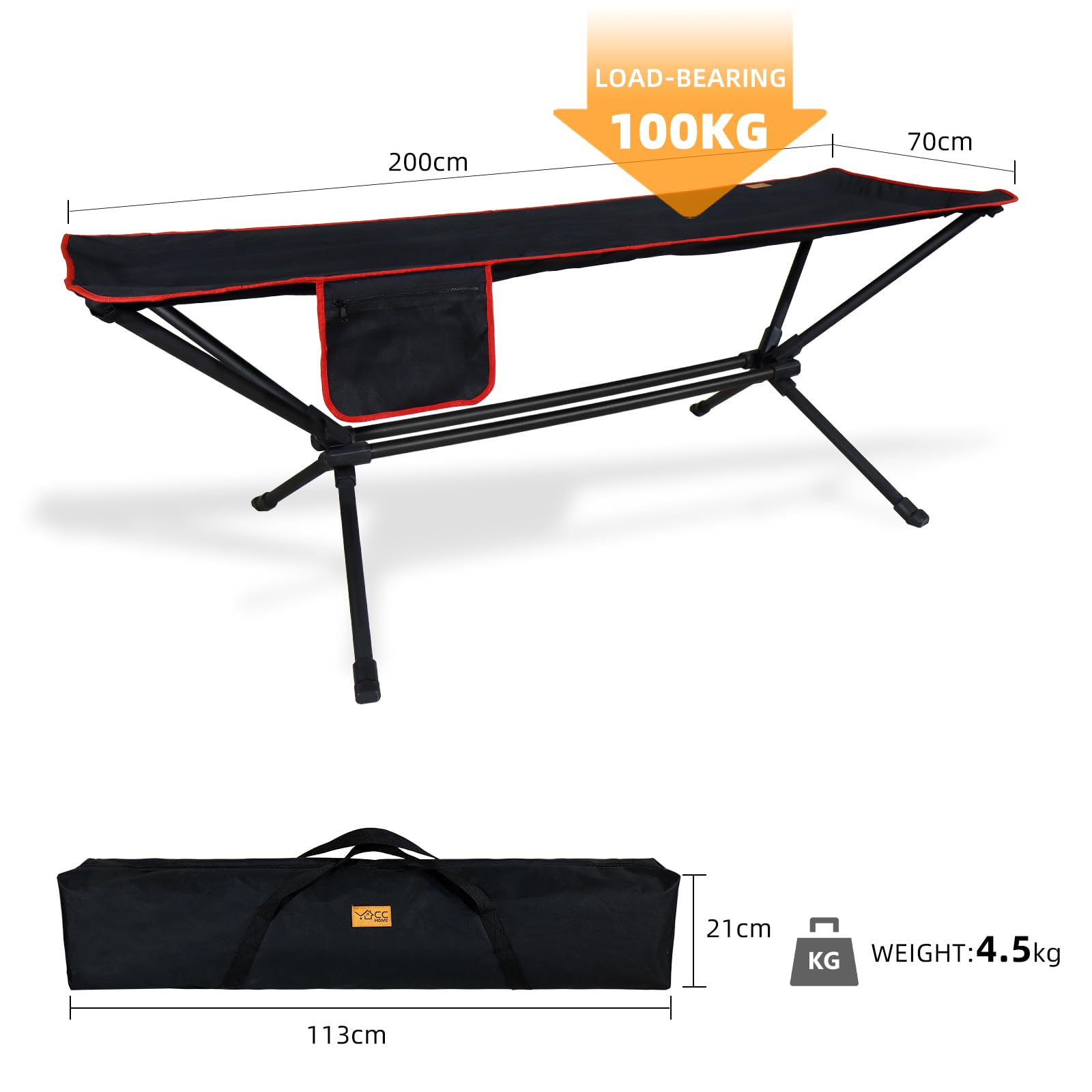CCLIFE Hamac turystyczny z konstrukcj±, lekki (4,5 kg), o no¶no¶ci 200 kg, ultralekki, z torb± transportow±, idealny do u¿ytku na zewn±trz., Color:Czarny