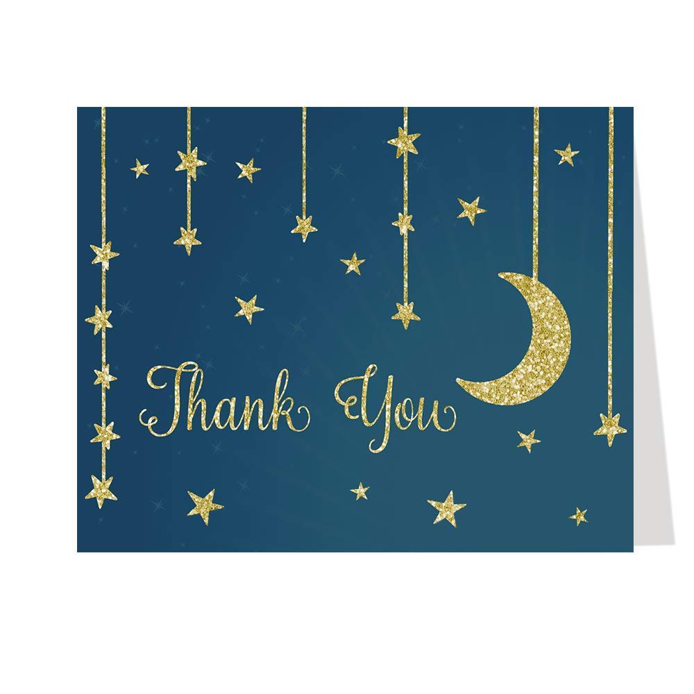 Twinkle Little Star Thank You Cards Star and Moon Over the Moon Theme Folding Notes Greeting Cards Navy Blue Gold Glitter Design Make A Wish Bright Night Boys Girls Gender Neutral (24 Count)